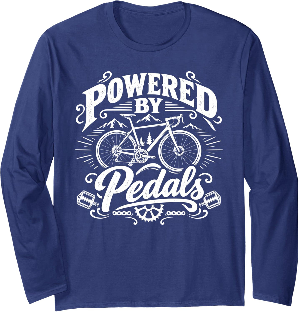 Bike & Biking, Powered by Pedals Long Sleeve T-Shirt - Adult Unisex Navy Blue