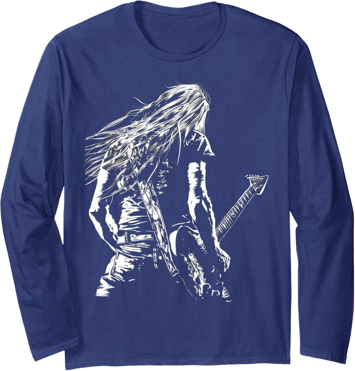 Guitarist with long hair Bass Guitar Rocker cool Long Sleeve T-Shirt - Adult Unisex Navy Blue