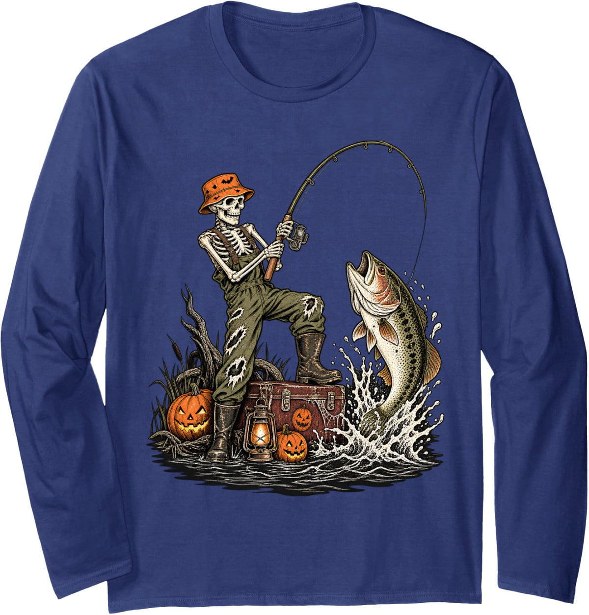 Halloween Skeleton Fishing Angler Bass Fisherman Long Sleeve T-Shirt - Adult Unisex Navy Blue