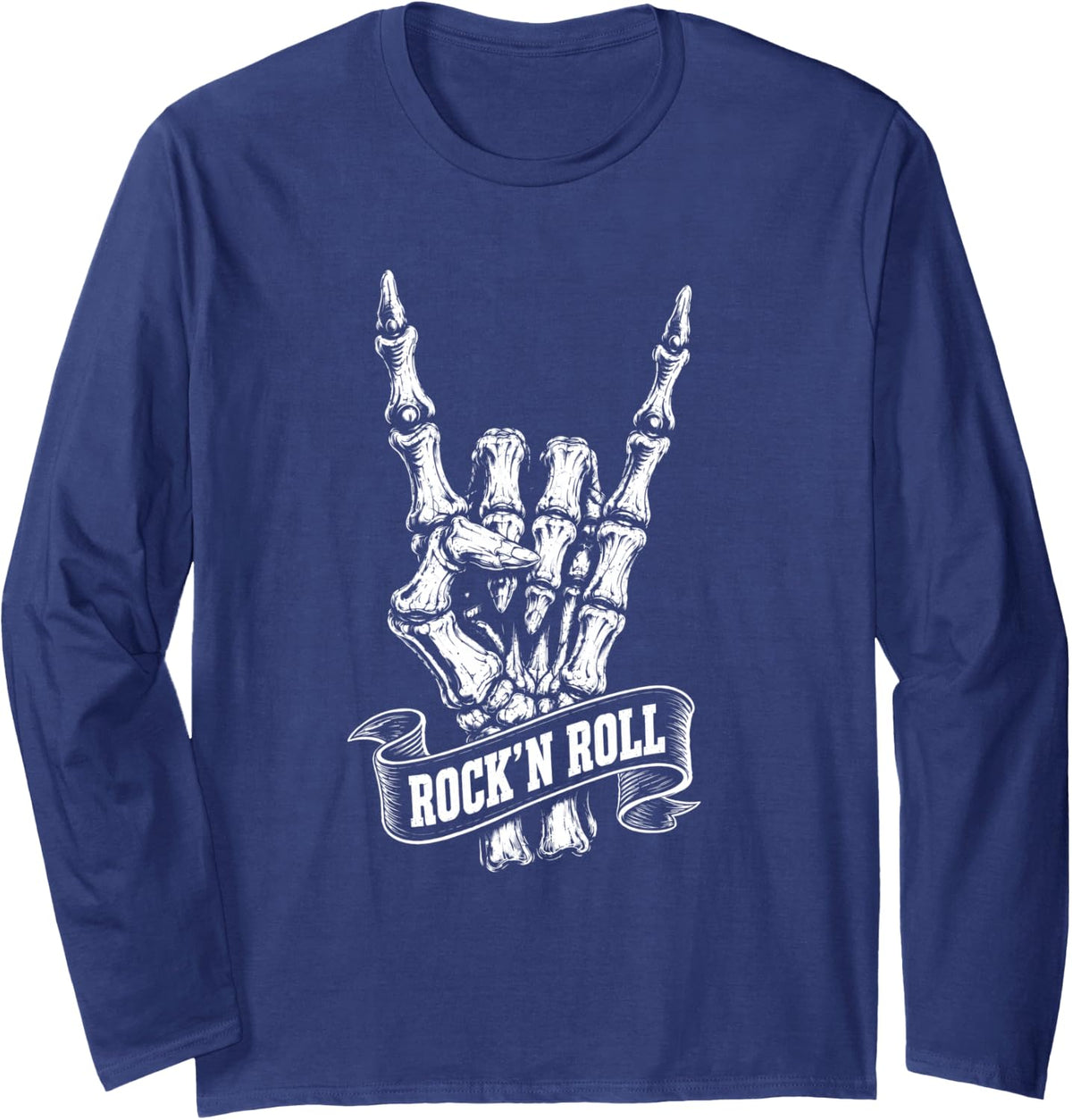 Rock N Roll Skeleton Hand Rock Horns Music Design Long Sleeve T-Shirt - Adult Unisex Navy Blue