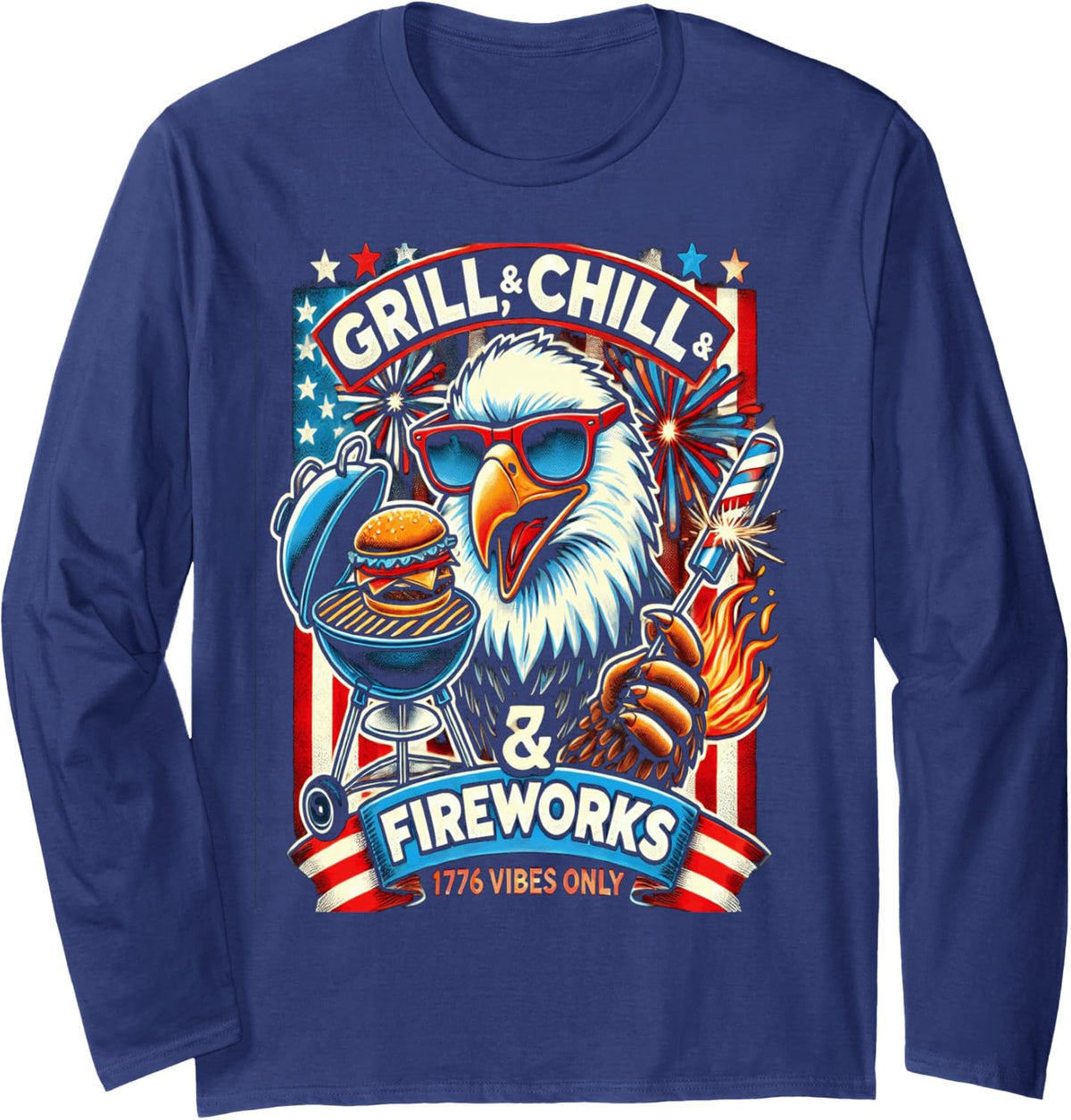 1776 Vibes Only Patriotic Bald Eagle Independence Day Long Sleeve T-Shirt - Adult Unisex Navy Blue