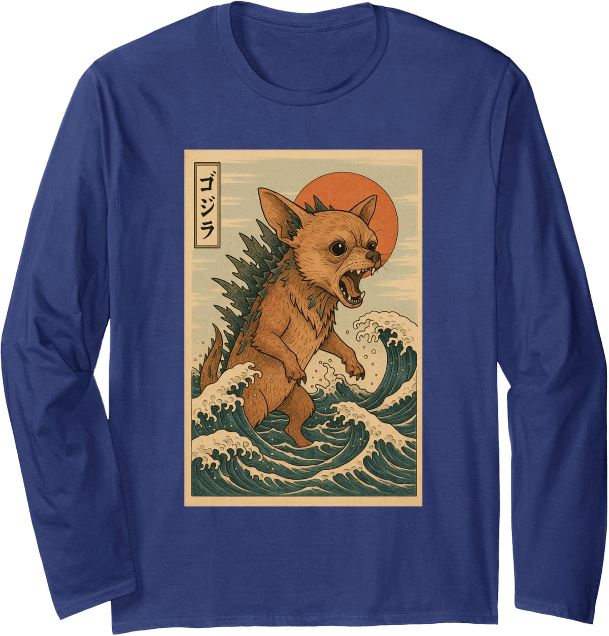 Chihuahua The Great Wave off Kanagawa Long Sleeve T-Shirt - Adult Unisex Navy Blue