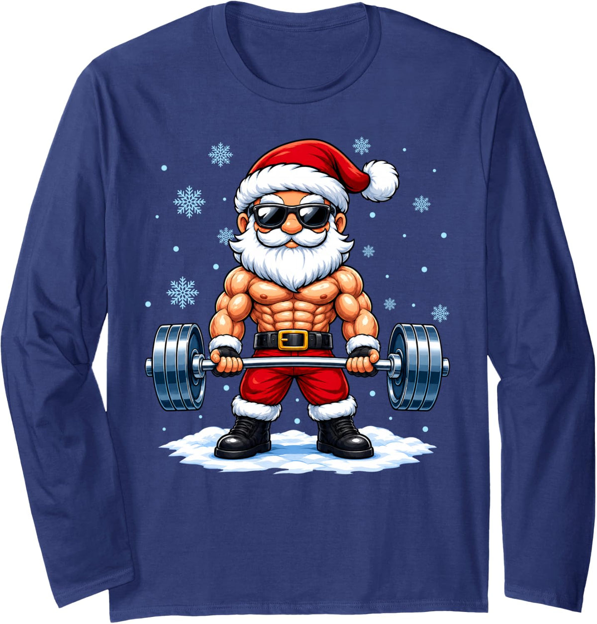 Cool Muscular Santa Weightlifting Gym Christmas Long Sleeve T-Shirt - Adult Unisex Navy Blue