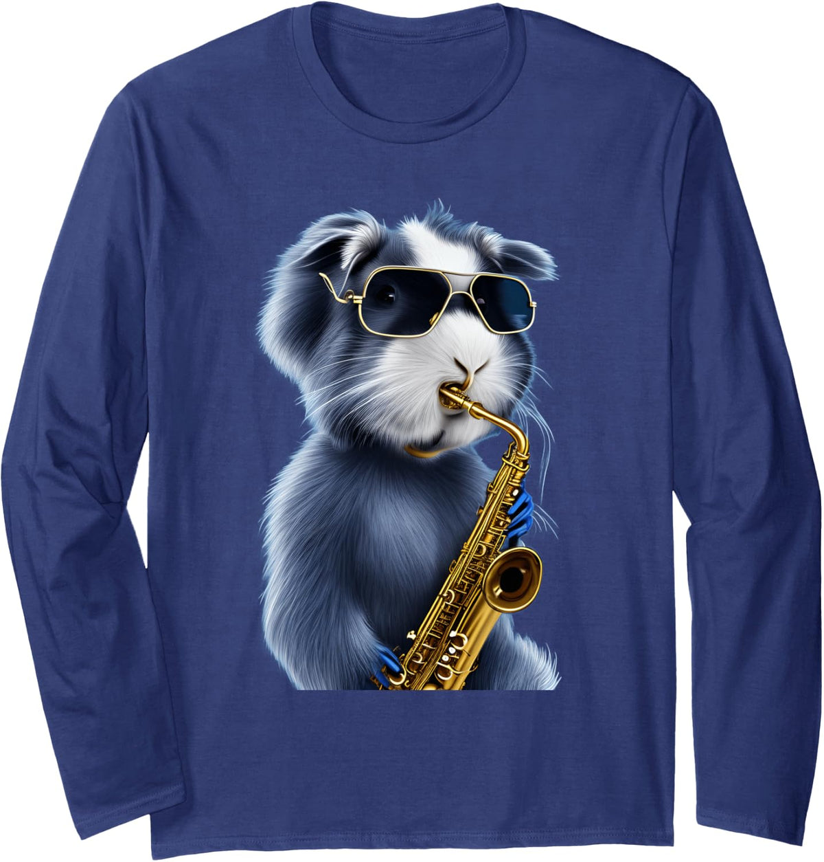 Guinea Pig Saxophone Player Long Sleeve T-Shirt - Adult Unisex Navy Blue