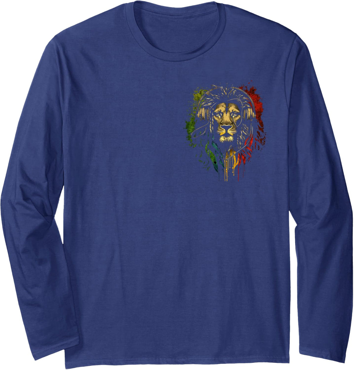 Rasta Reggae Lion Of Judah Jamaican Pride Rastafari Lion Long Sleeve T-Shirt - Adult Unisex Navy Blue