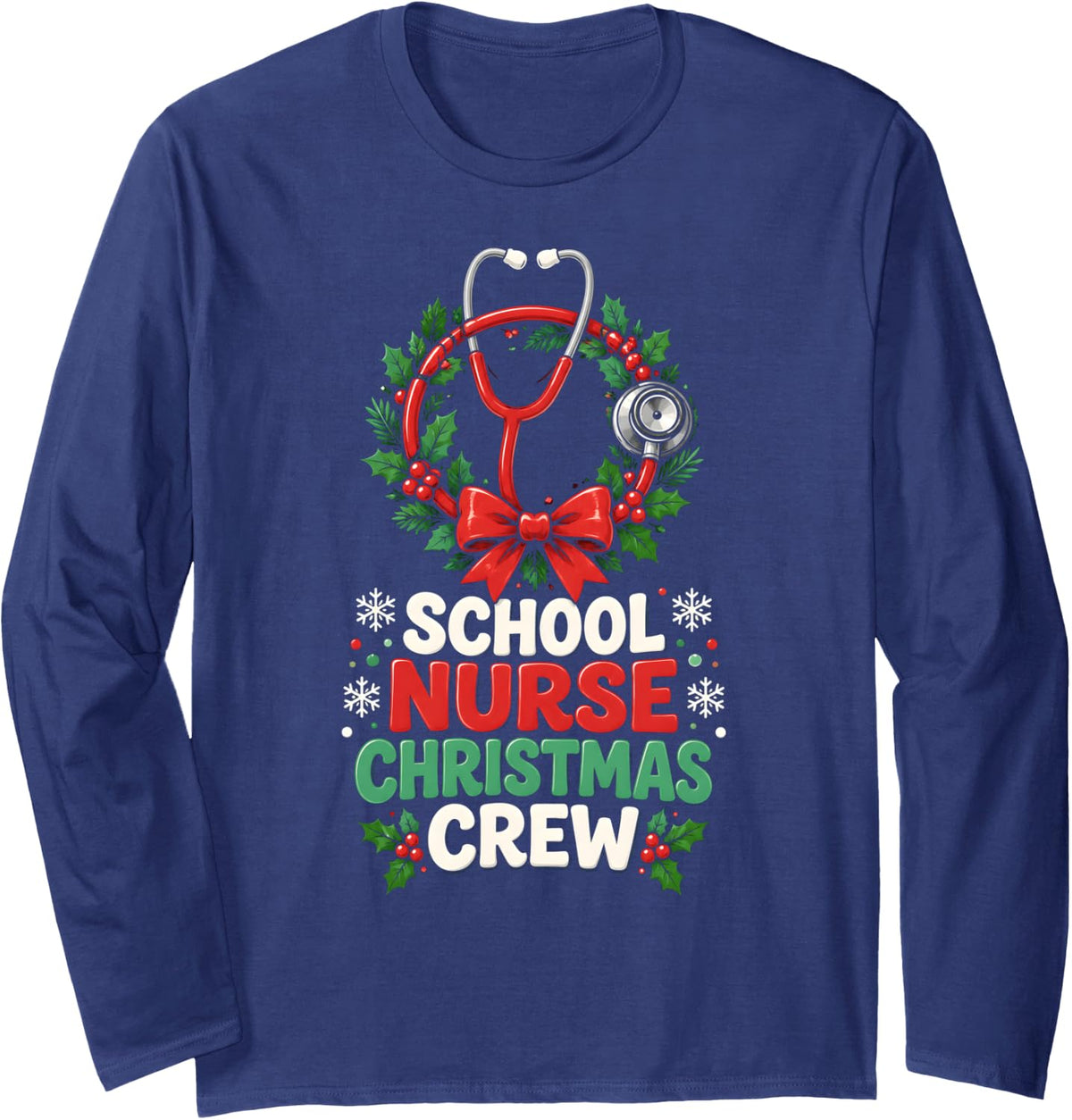 School Nurse Christmas Crew Holiday Stethoscope Wreath Long Sleeve T-Shirt - Adult Unisex Navy Blue