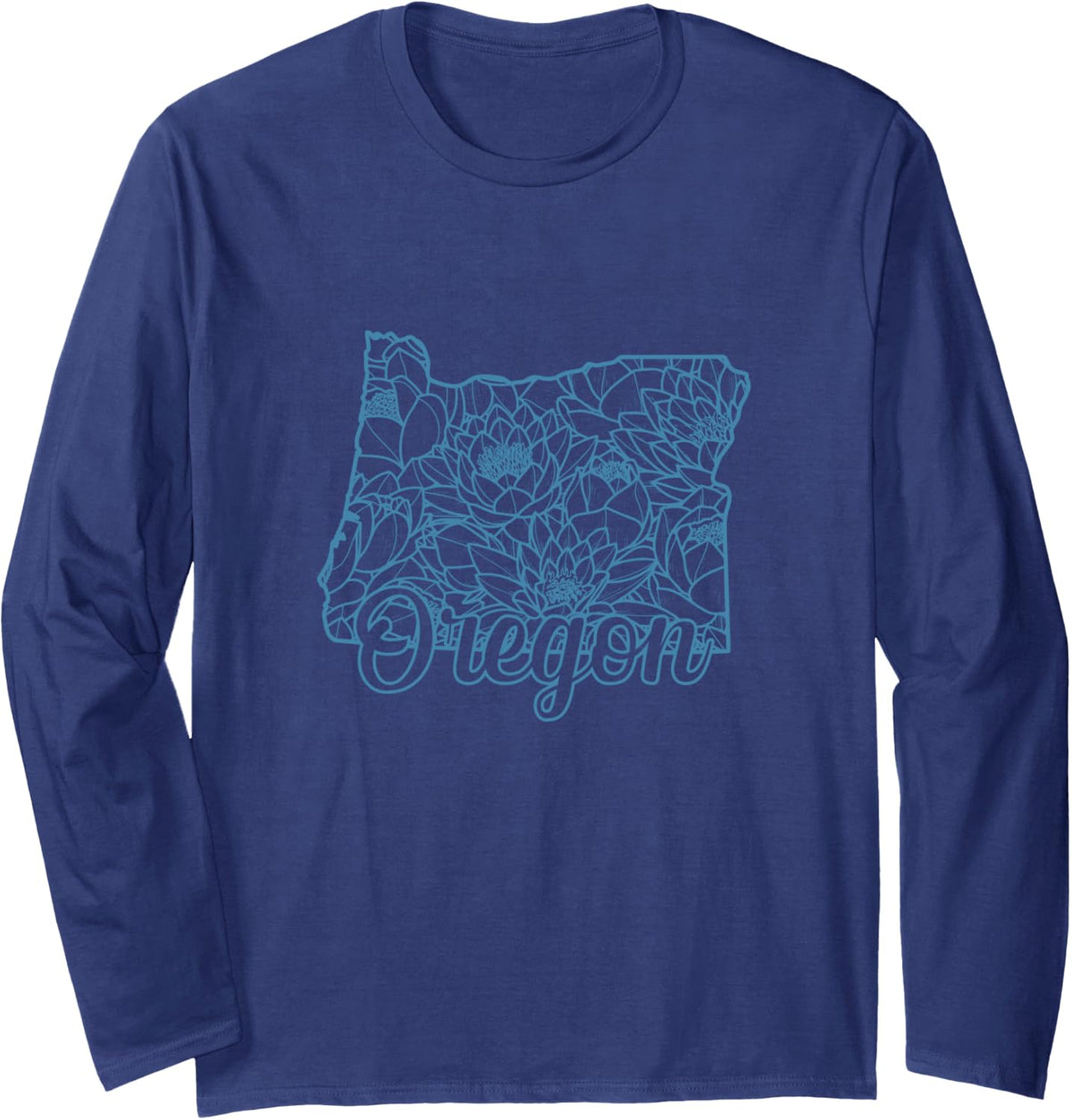 Oregon Flower Pattern in Map Outline USA Long Sleeve T-Shirt - Adult Unisex Navy Blue