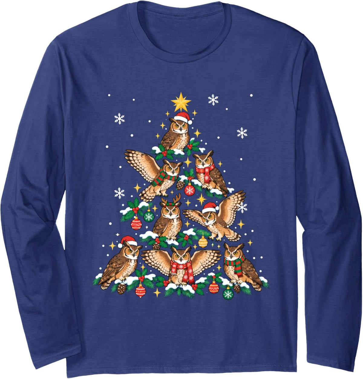 Great Horned Owl Christmas Tree Bird Watcher Nerd Holiday Long Sleeve T-Shirt - Adult Unisex Navy Blue