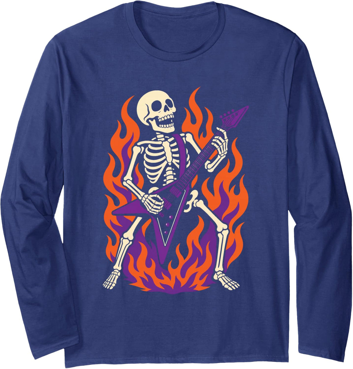 Halloween Skeleton Punk Rock Guitar Player Mohawk Flames Long Sleeve T-Shirt - Adult Unisex Navy Blue