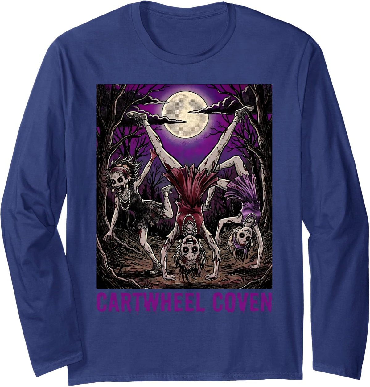 Cartwheel Coven Cartwheeling Gymnastics Gymnast Spooky Scary Long Sleeve T-Shirt - Adult Unisex Navy Blue