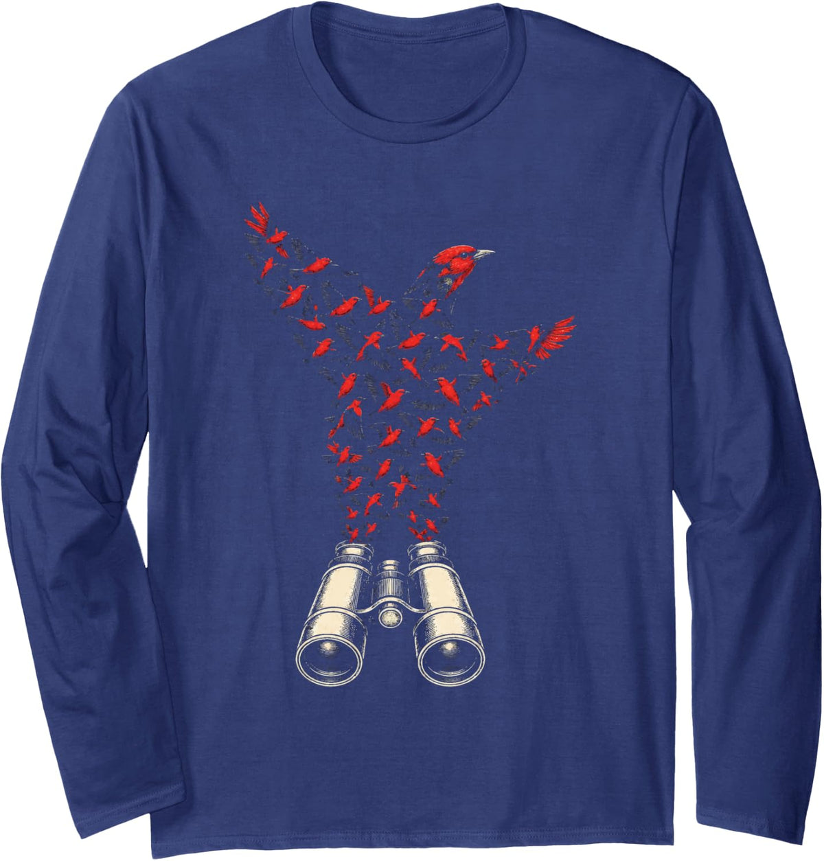 Bird Watching Binoculars Songbird Silhouette Pattern Long Sleeve T-Shirt - Adult Unisex Navy Blue