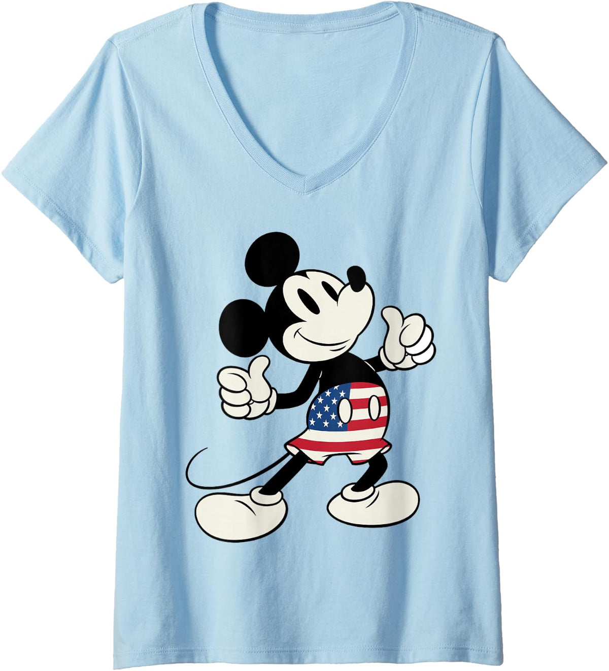 Women's Disney Mickey and Friends 4th of July Mickey USA Flag Shorts V-Neck T-Shirt - Baby Blue