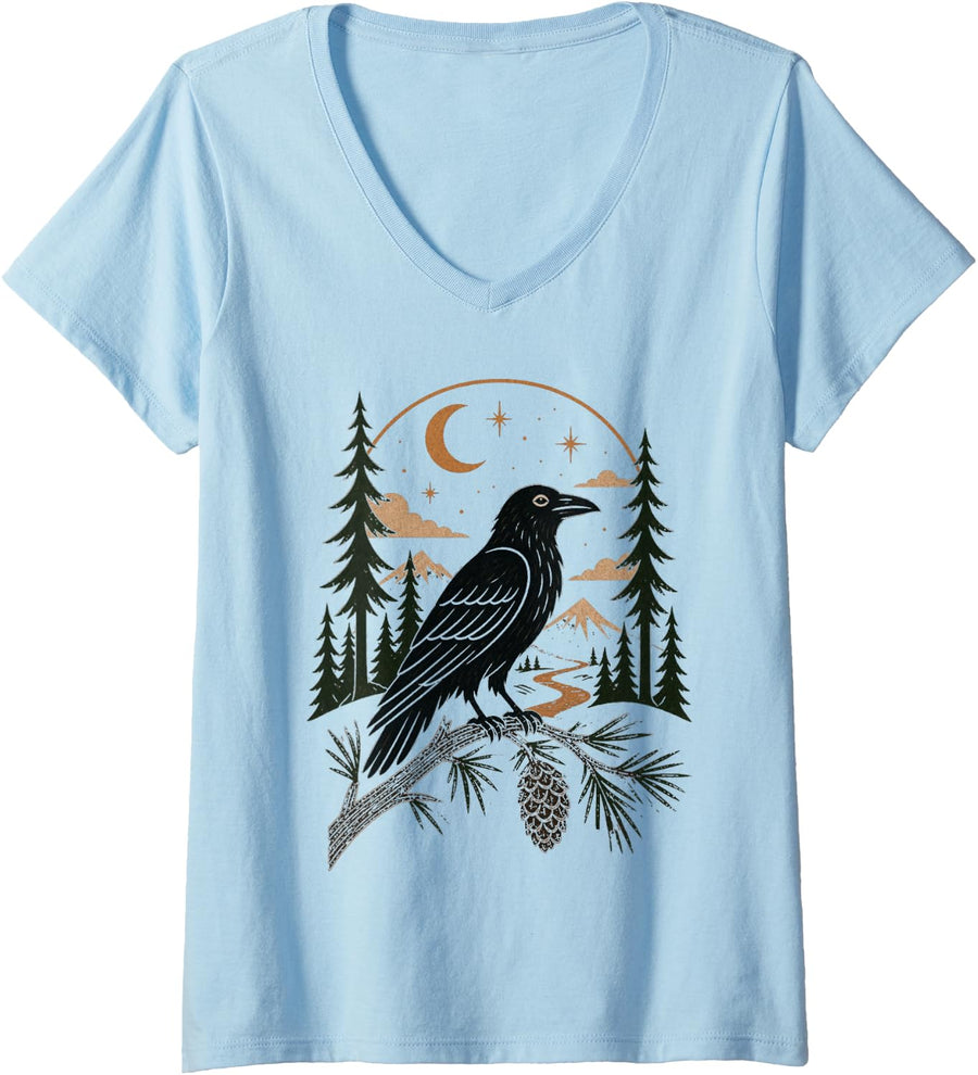 Women's Raven Crow Moon Forest Vintage Linocut Bird Graphic V-Neck T-Shirt - Baby Blue