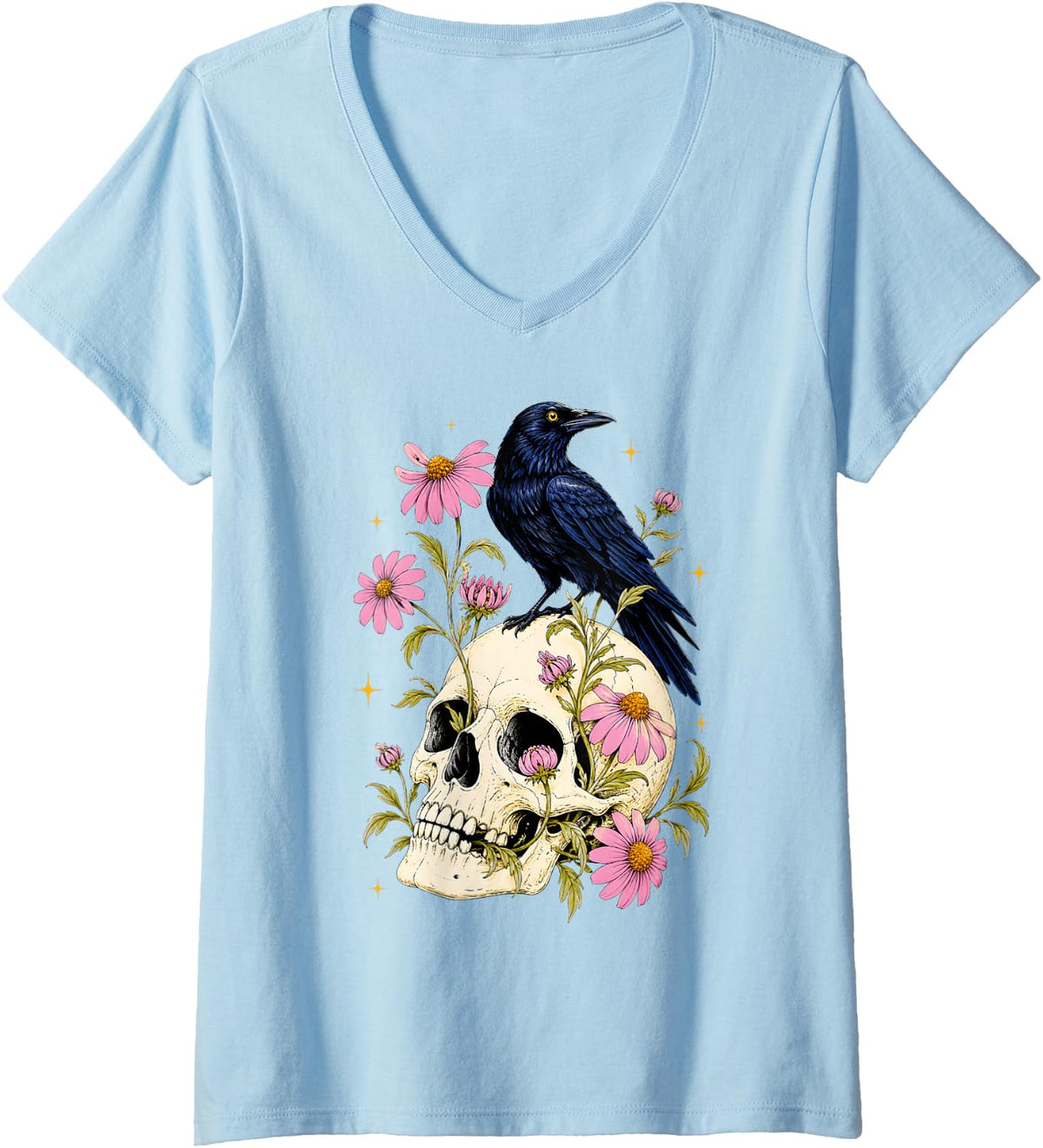 Women's Raven Standing On Skull Flowers Crow Halloween Men Women V-Neck T-Shirt - Baby Blue