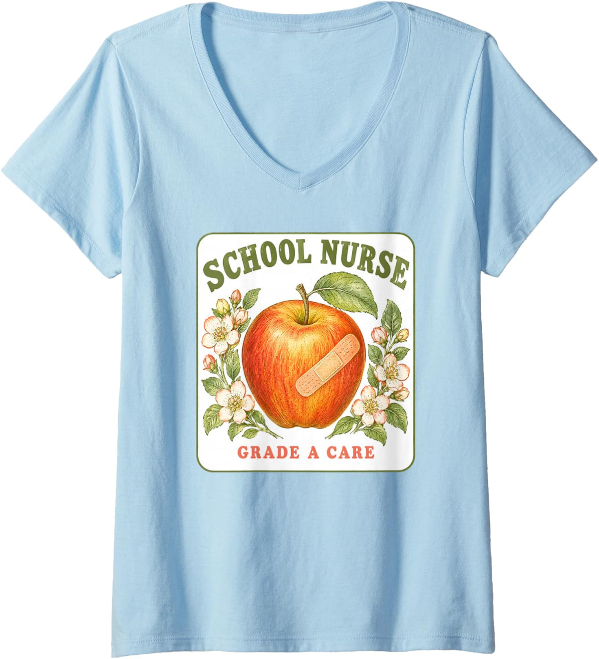 Women's School Nurse Grade A Care Apple Bandage Vintage Label V-Neck T-Shirt - Baby Blue
