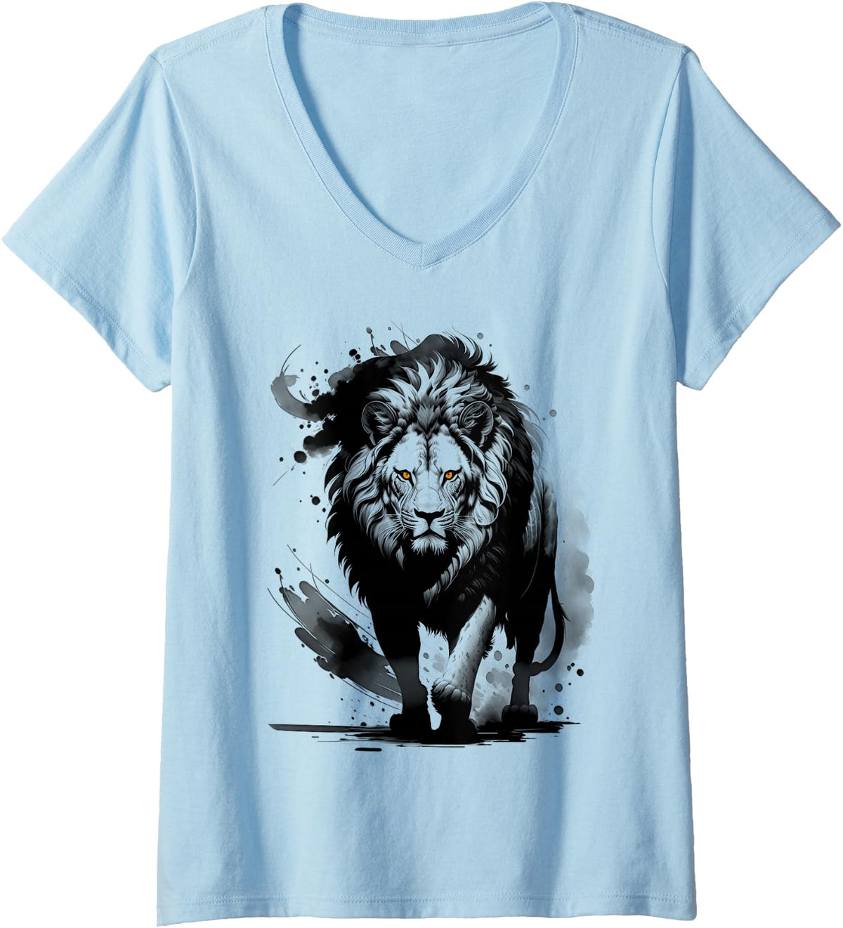 Women's Stylish and Fashionable Lion Artistic Design V-Neck T-Shirt - Baby Blue