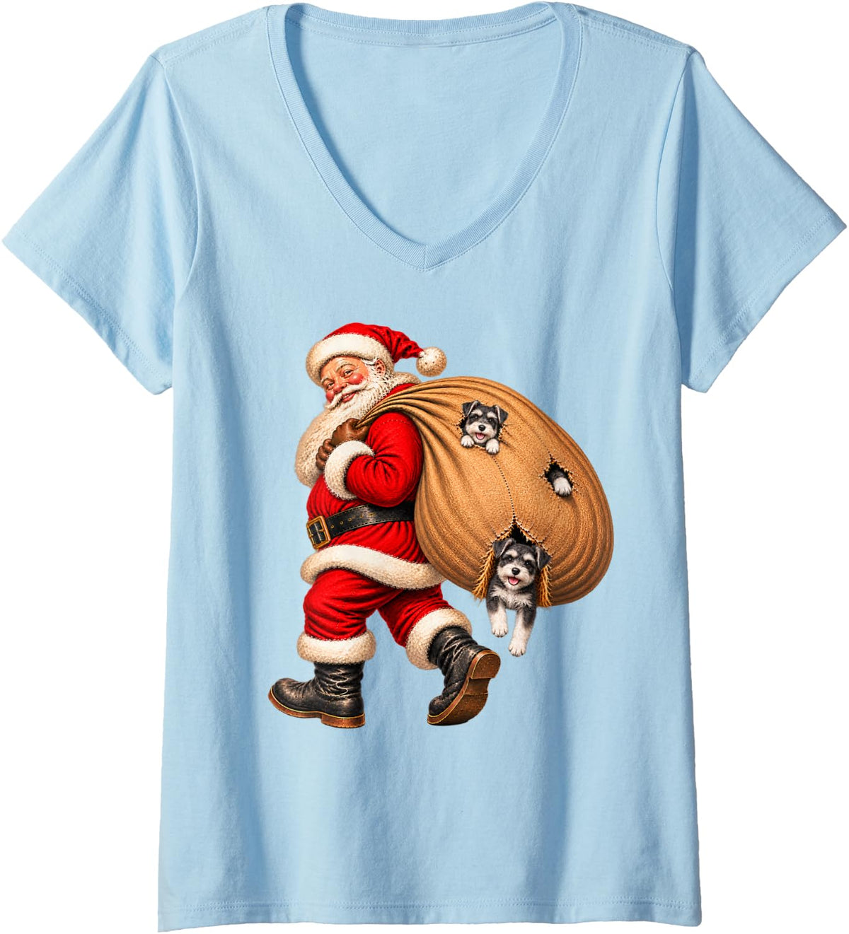 Women's Santa Claus Delivering Miniature Schnauzer Presents Naughty V-Neck T-Shirt - Baby Blue