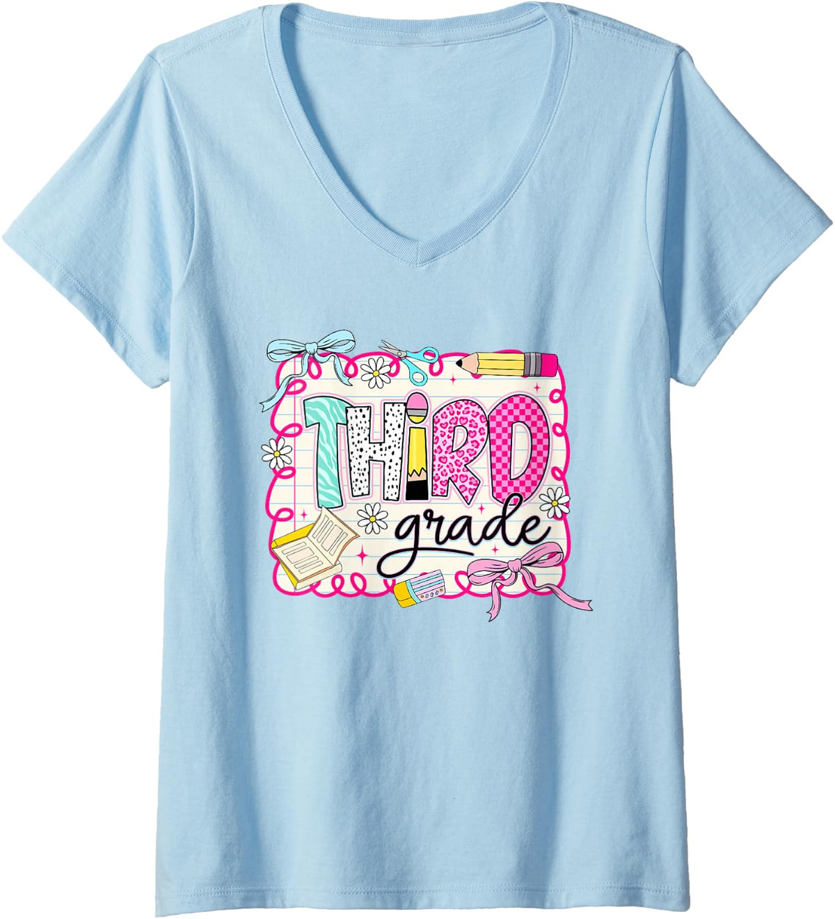 Women's Preppy Third Grade Back to School Pencil Student Teacher Kid V-Neck T-Shirt - Baby Blue