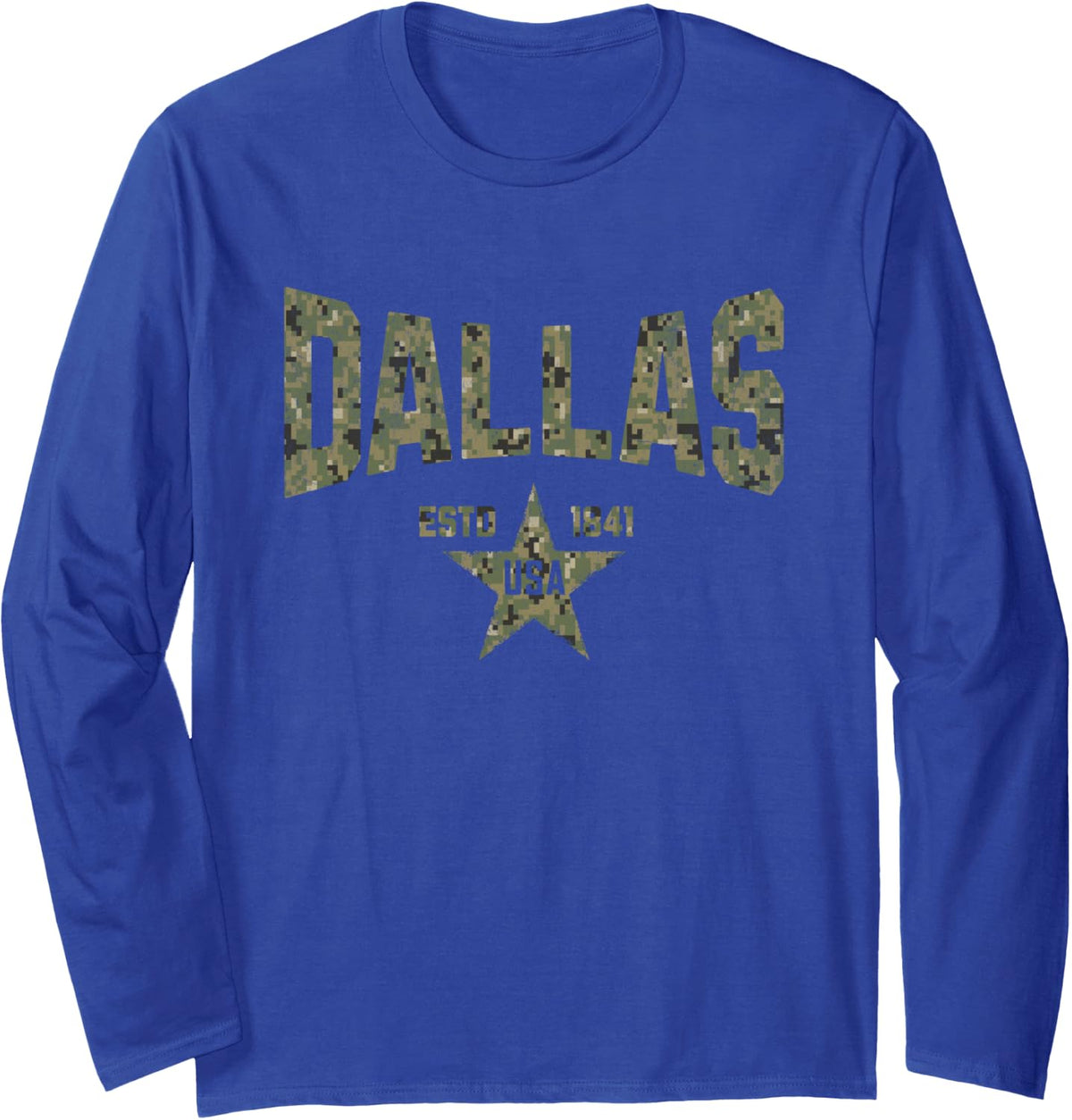 Camo Souvenir USA Star Dallas Texas Long Sleeve T-Shirt - Adult Unisex Royal Blue