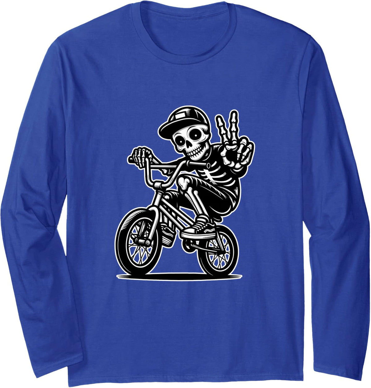 Funny Peace Skeleton BMX Rider BMX Bike Boy Long Sleeve T-Shirt - Adult Unisex Royal Blue