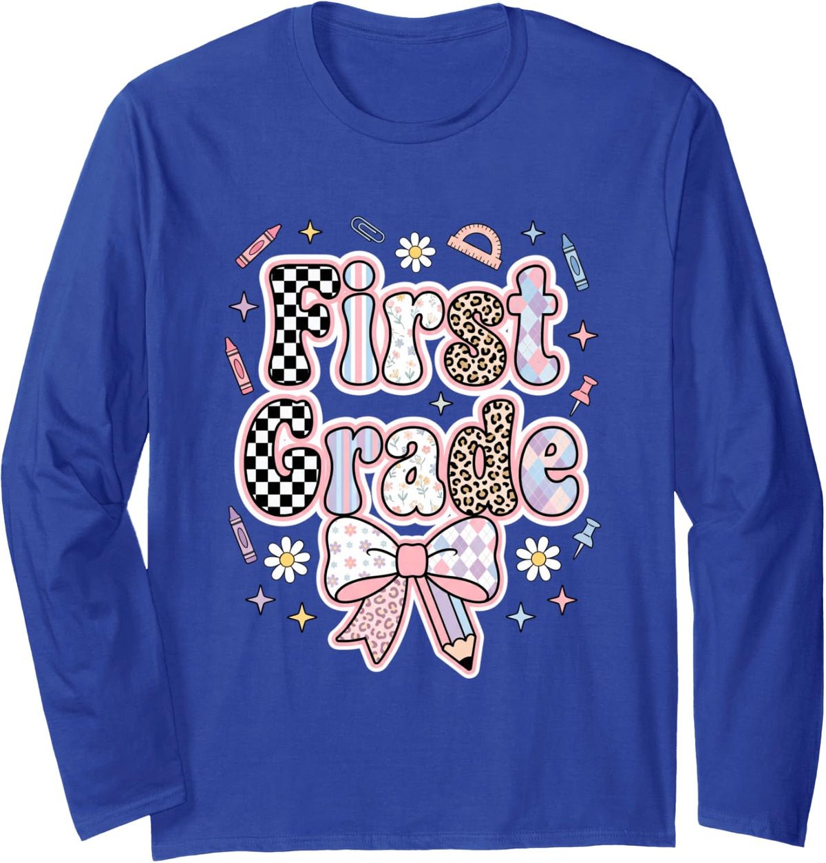 First Grade Back to School Kids Girls Bow Leopard Daisy Long Sleeve T-Shirt - Adult Unisex Royal Blue