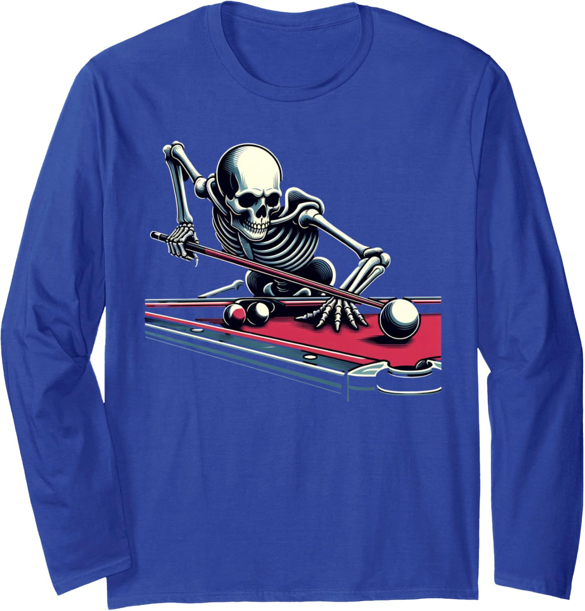 Skeleton Playing Billiards Halloween Billiard Pool Snooker Long Sleeve T-Shirt - Adult Unisex Royal Blue