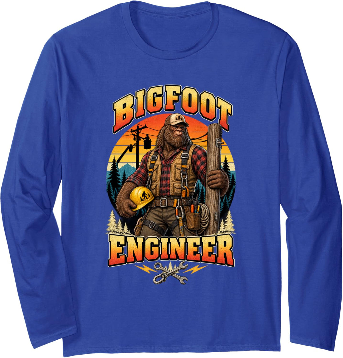 Bigfoot Engineer Funny Sasquatch Power Lineman Electrician Long Sleeve T-Shirt - Adult Unisex Royal Blue