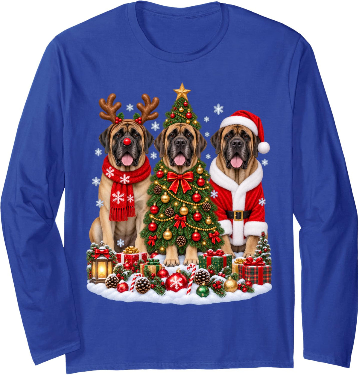 Retro Christmas Mastiff Santa Reindeer Dog Lover Long Sleeve T-Shirt - Adult Unisex Royal Blue