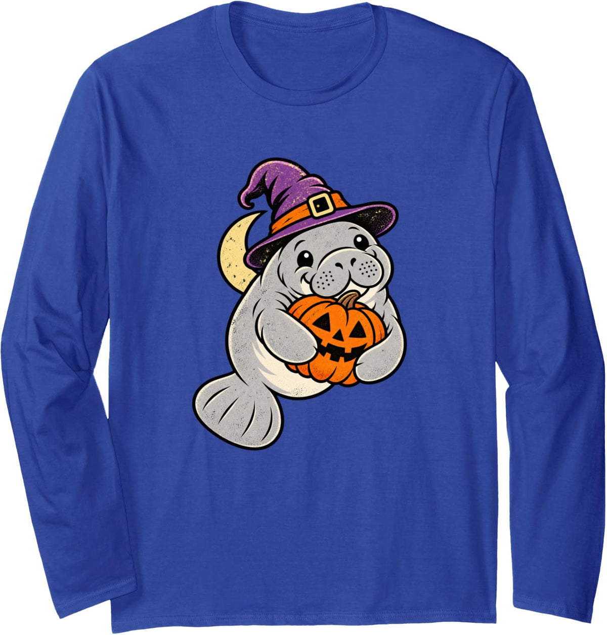 Manatee Witch Pumpkin Halloween Vintage Animal Art Long Sleeve T-Shirt - Adult Unisex Royal Blue