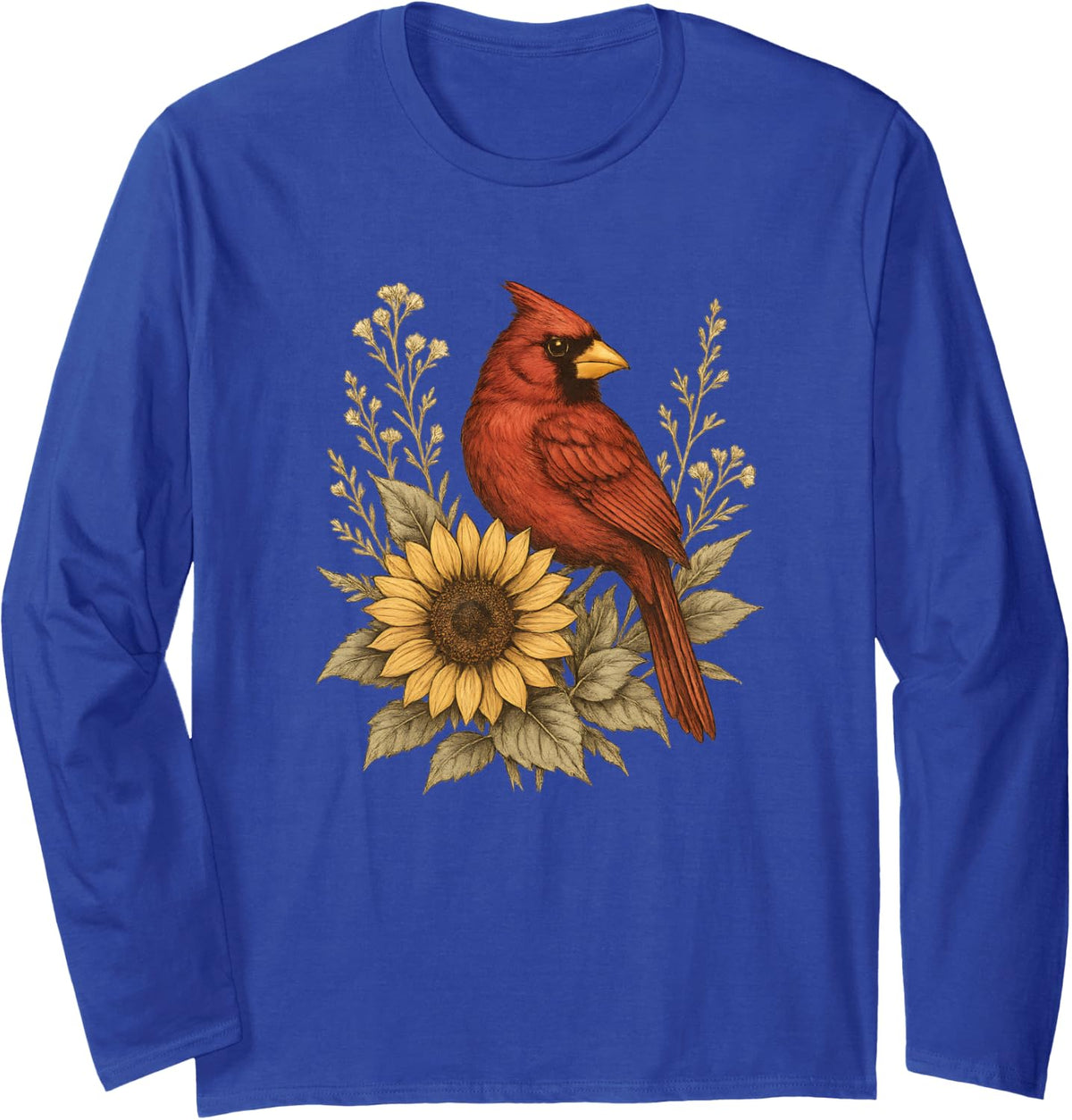 Red Cardinal Sunflower Vintage Nature Lover Birdwatching Long Sleeve T-Shirt - Adult Unisex Royal Blue