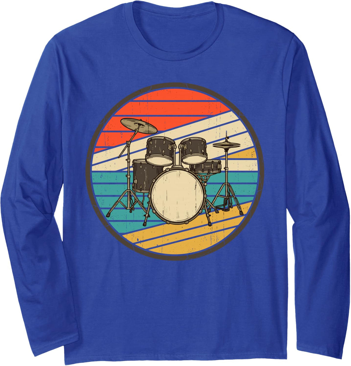 Retro Drummer Drum Set Drums Percussion Musician Music Band Long Sleeve T-Shirt - Adult Unisex Royal Blue