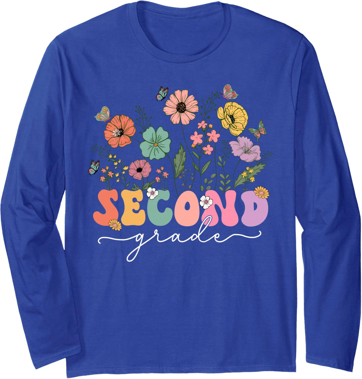 2nd Second Grade Teacher Wildflower Back to School Floral Long Sleeve T-Shirt - Adult Unisex Royal Blue