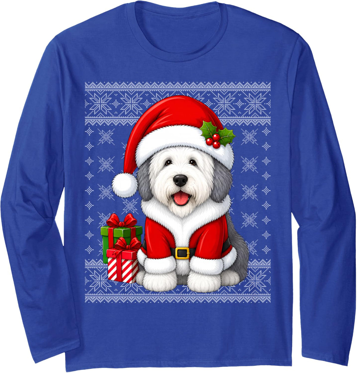 English Sheepdog Christmas Santa Costume Ugly Sweaters Xmas Long Sleeve T-Shirt - Adult Unisex Royal Blue