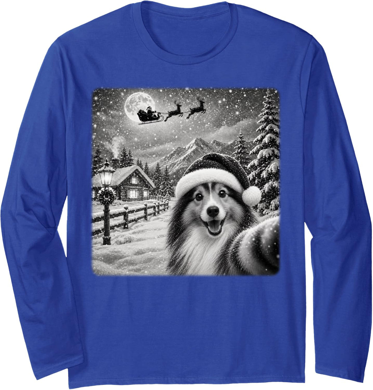 Xmas Moon Night Santa Sleigh Shetland Sheepdog Christmas Long Sleeve T-Shirt - Adult Unisex Royal Blue