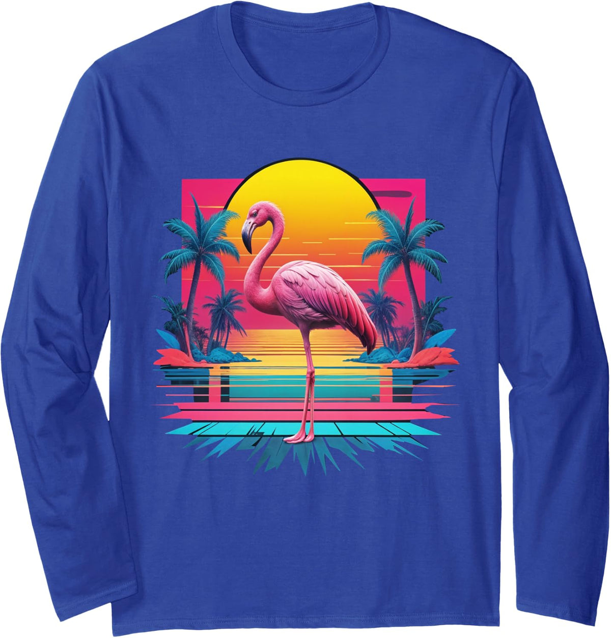 Pink Flamingo Beach Palm Trees Retro Tropical Summer Trip Long Sleeve T-Shirt - Adult Unisex Royal Blue