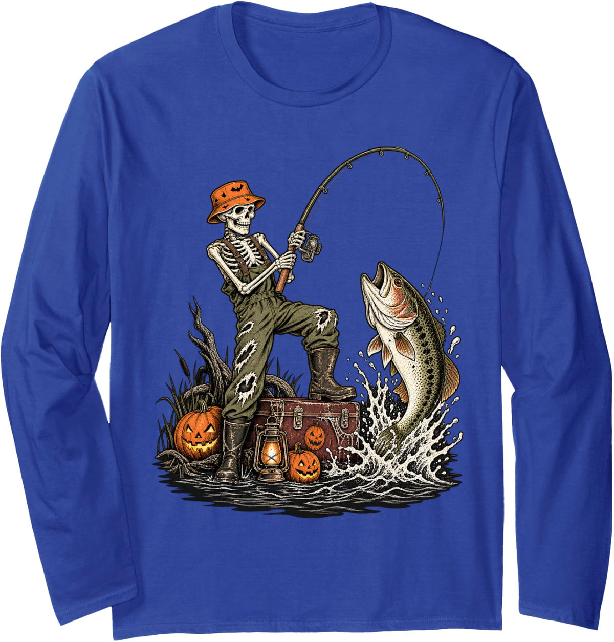 Halloween Skeleton Fishing Angler Bass Fisherman Long Sleeve T-Shirt - Adult Unisex Royal Blue