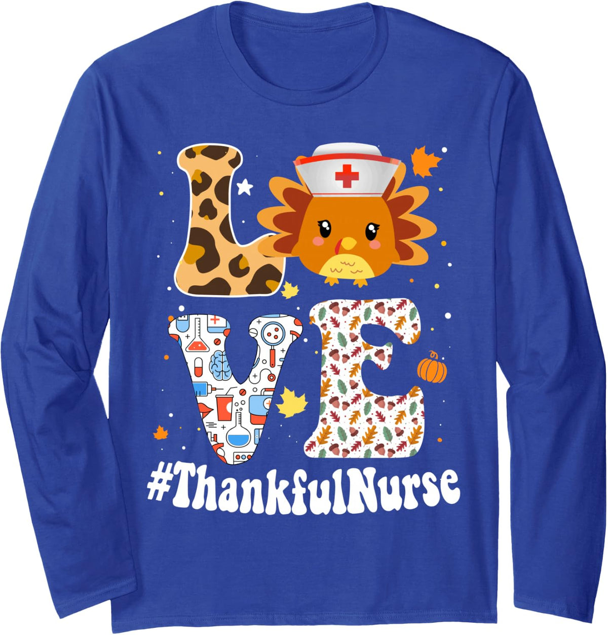 Retro Gobble Gobble Thanksgiving Thankful Nurse Turkey RN Long Sleeve T-Shirt - Adult Unisex Royal Blue