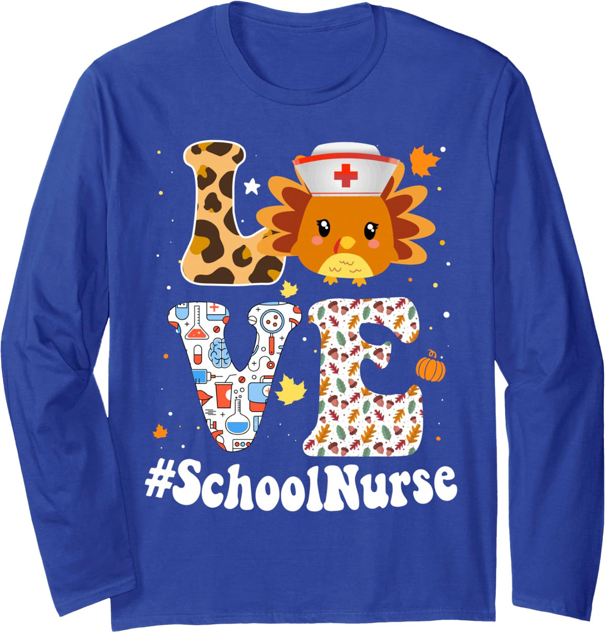 Retro Gobble Gobble Thanksgiving School Nurse Turkey RN Long Sleeve T-Shirt - Adult Unisex Royal Blue