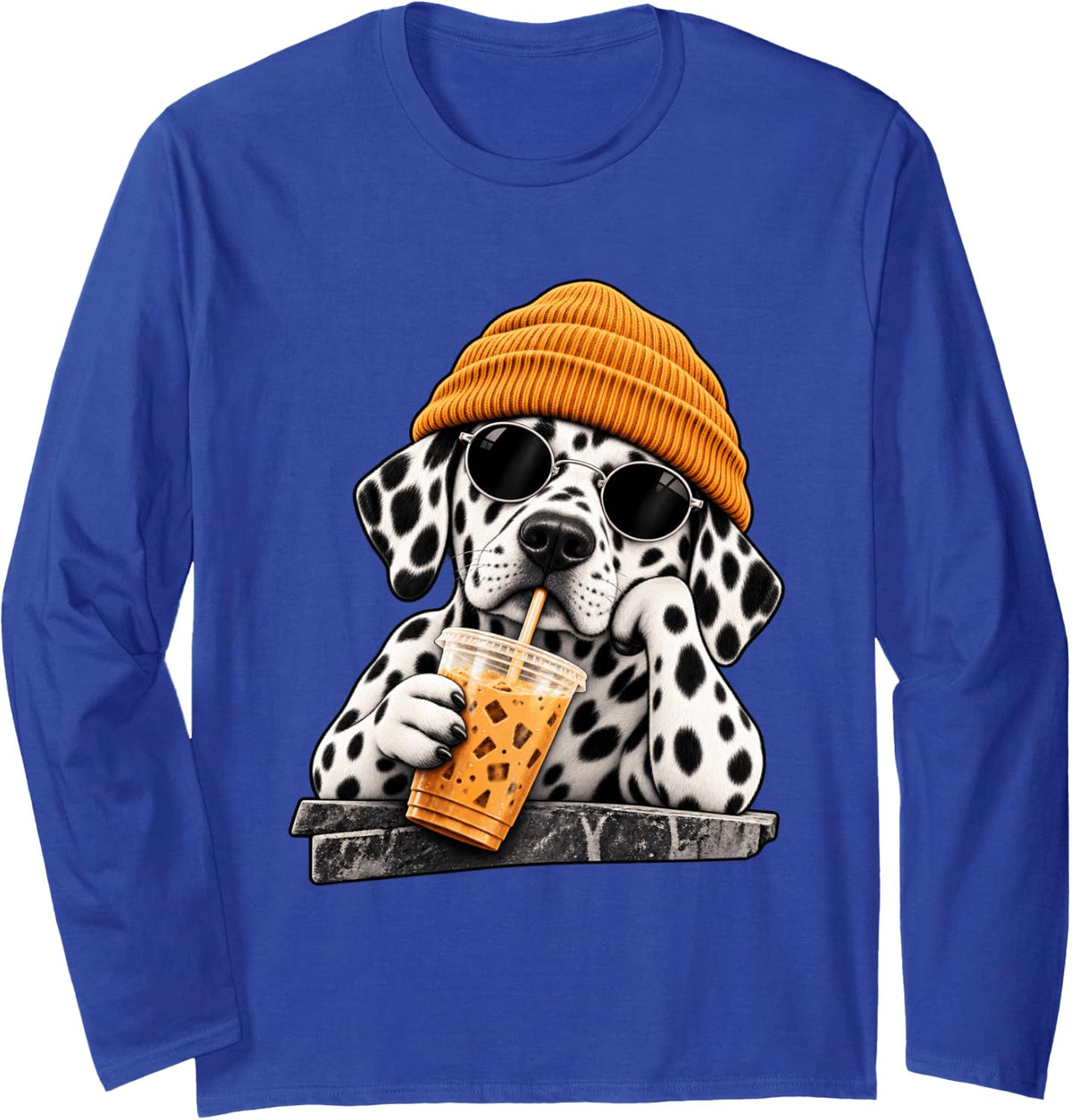 Funny Dalmatian Hipster Drinking Iced Coffee Sunglasses Long Sleeve T-Shirt - Adult Unisex Royal Blue