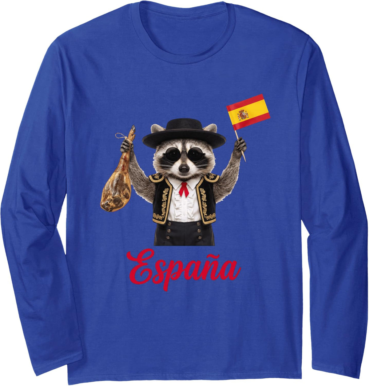 Funny Spain Raccoon with Spanish Dish and Outfit Long Sleeve T-Shirt - Adult Unisex Royal Blue