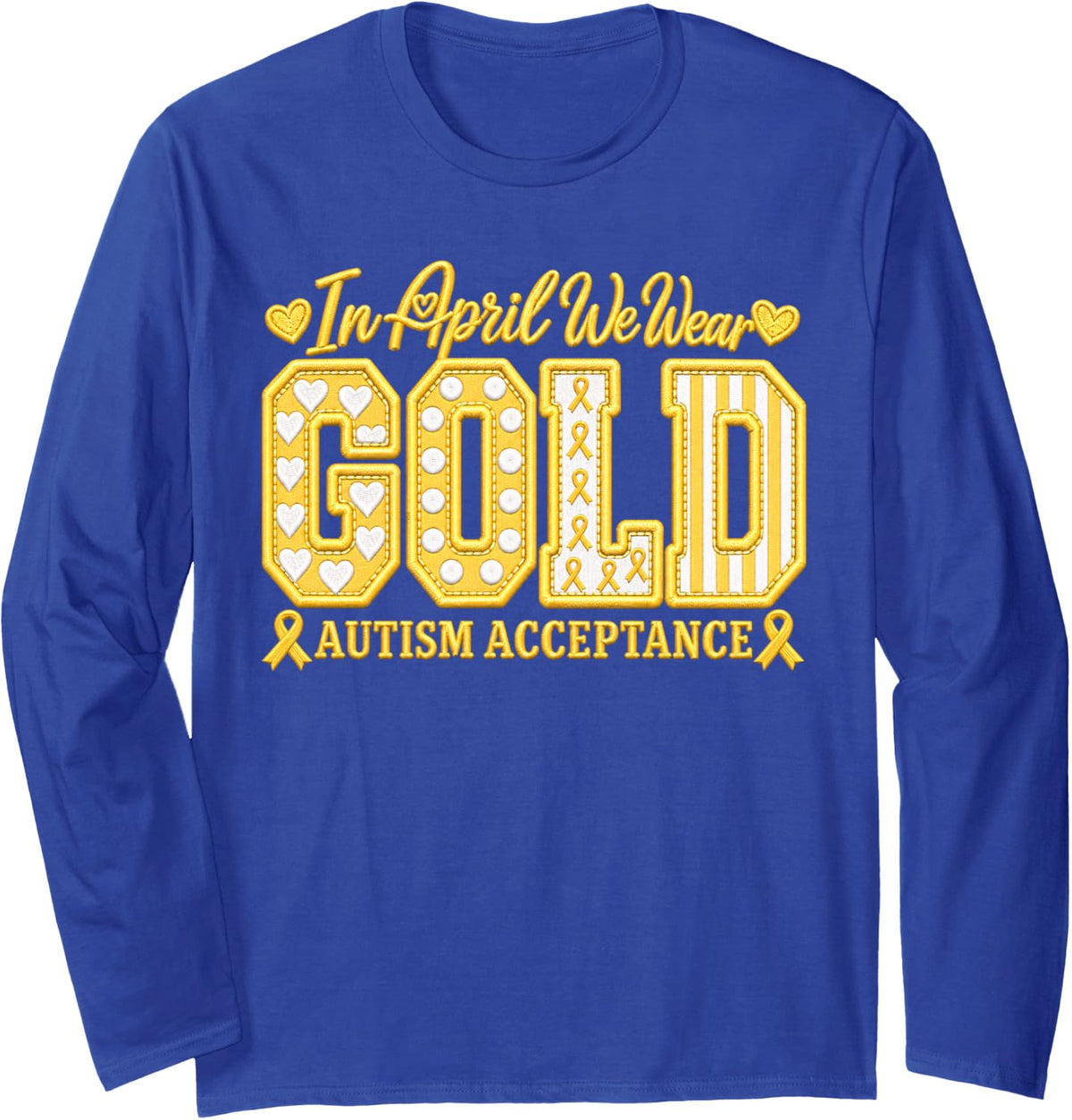Rainbow Ribbon Autism Acceptance April Graphic Long Sleeve T-Shirt - Adult Unisex Royal Blue