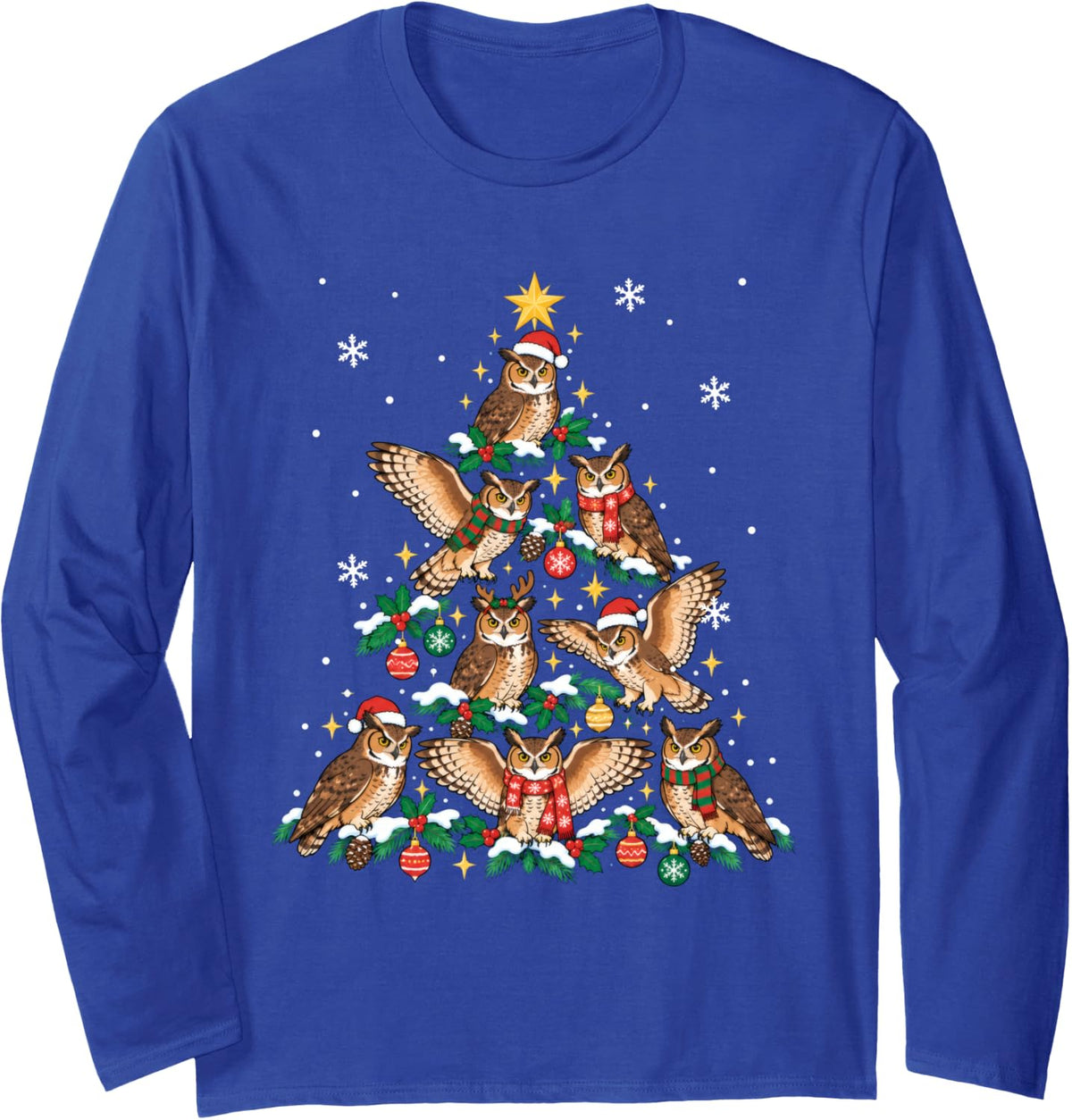 Great Horned Owl Christmas Tree Bird Watcher Nerd Holiday Long Sleeve T-Shirt - Adult Unisex Royal Blue