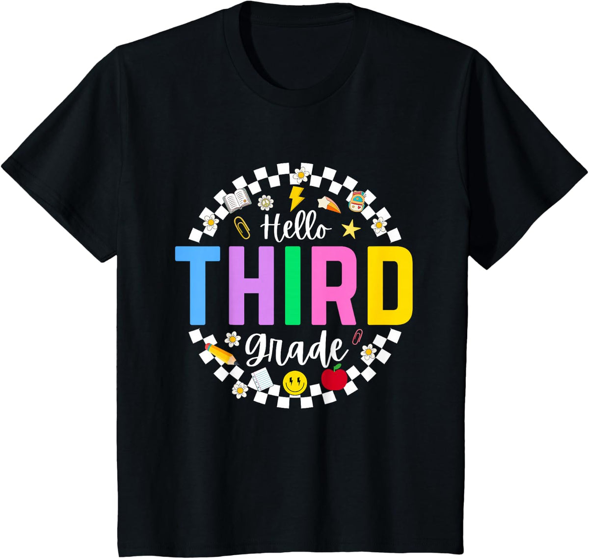 Hello 3rd Third Grade Back to School Teacher Checkered T-Shirt - Black