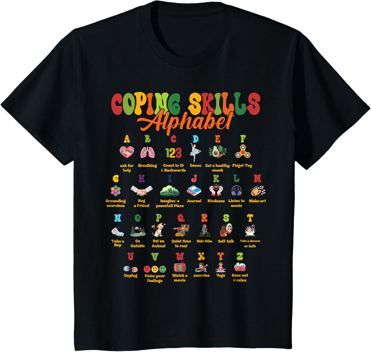ABC Coping Skills Alphabet Mental Health Awareness Counselor T-Shirt - Black