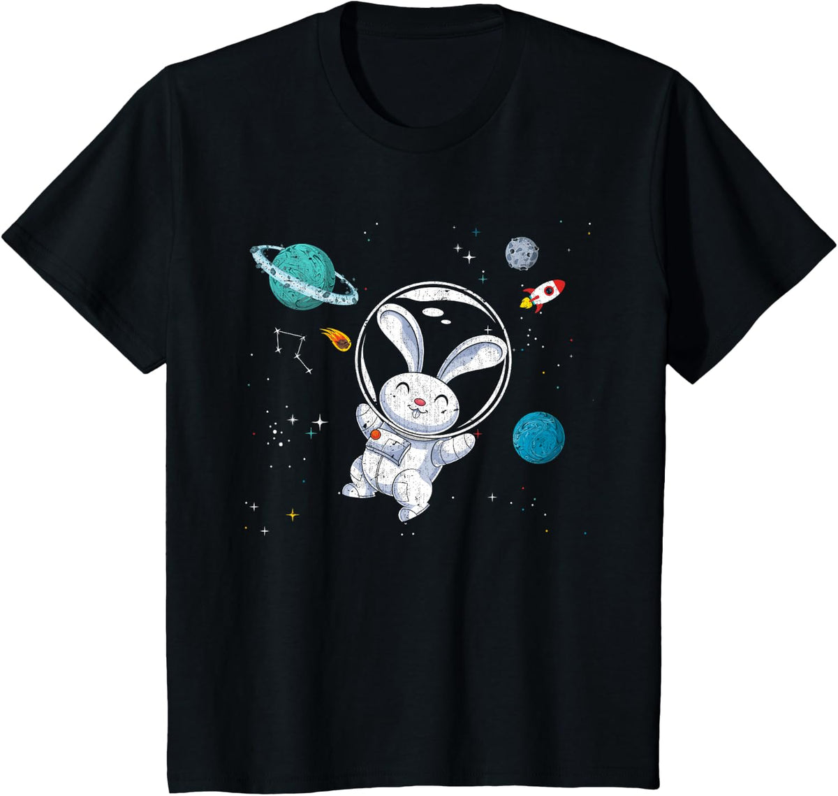 Space Rabbit Astronaut T-Shirt Tees Bunny Rocket Planets Outer Space Shirt For Kids - Black