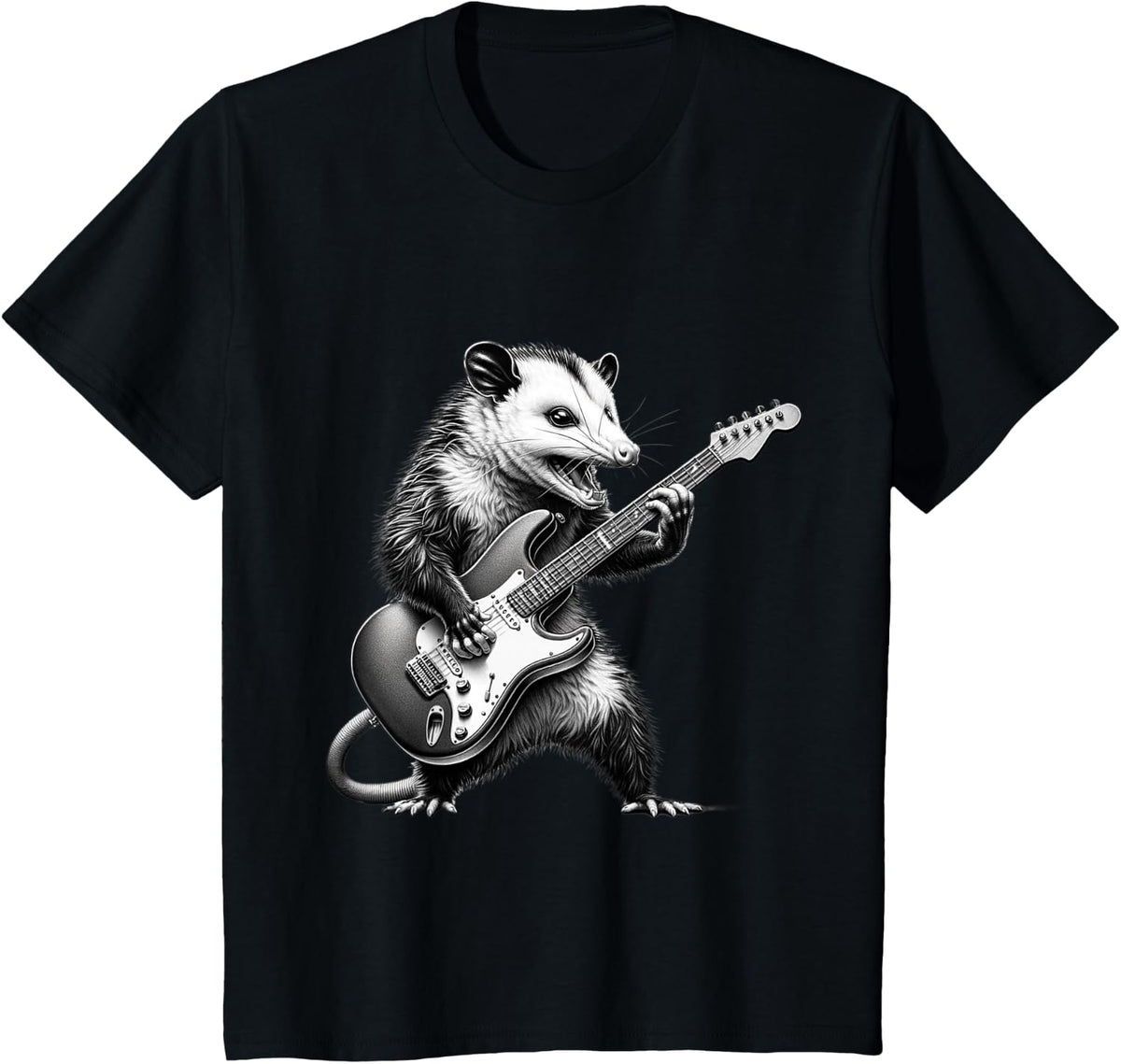 Opossum Playing Electric Guitar. Funny Opossum Guitar Lover T-Shirt - Black