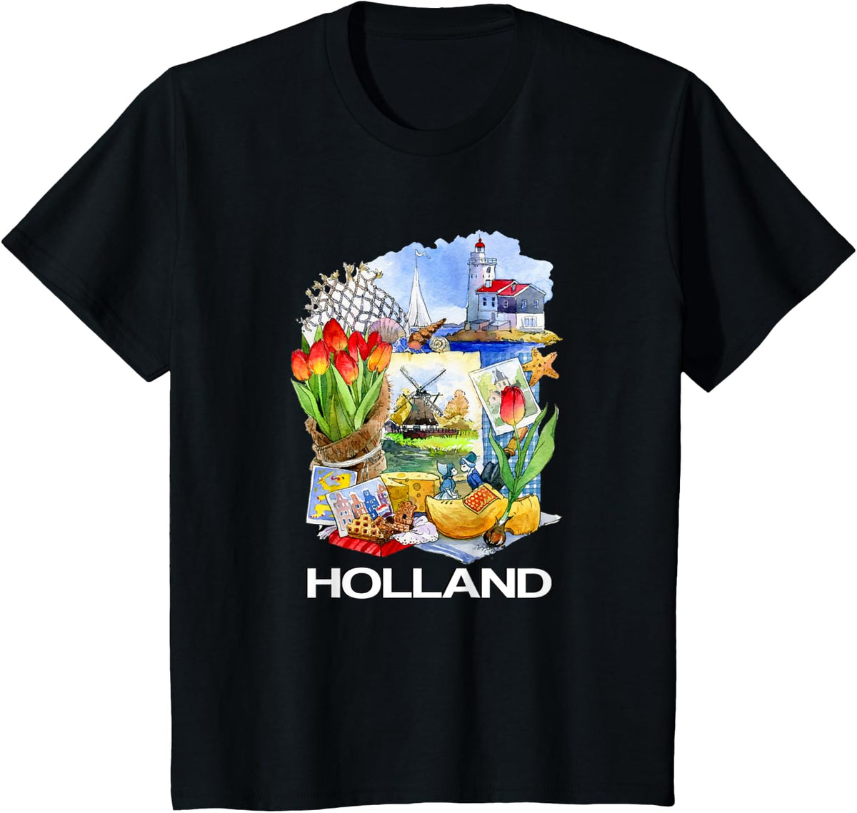 Holland Dutch Attributes: Canals Tulips Windmills Cheese Art T-Shirt - Black