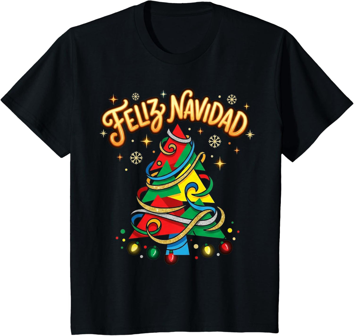 Feliz Navidad Colorful Spanish Christmas Tree T-Shirt - Black