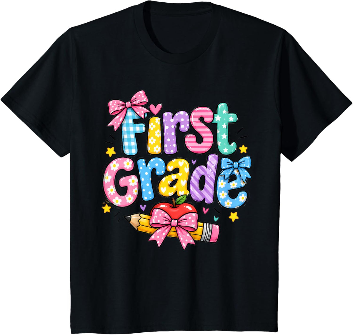 Preppy First Grade Back to School Coquette Bow Teacher Kids T-Shirt - Black