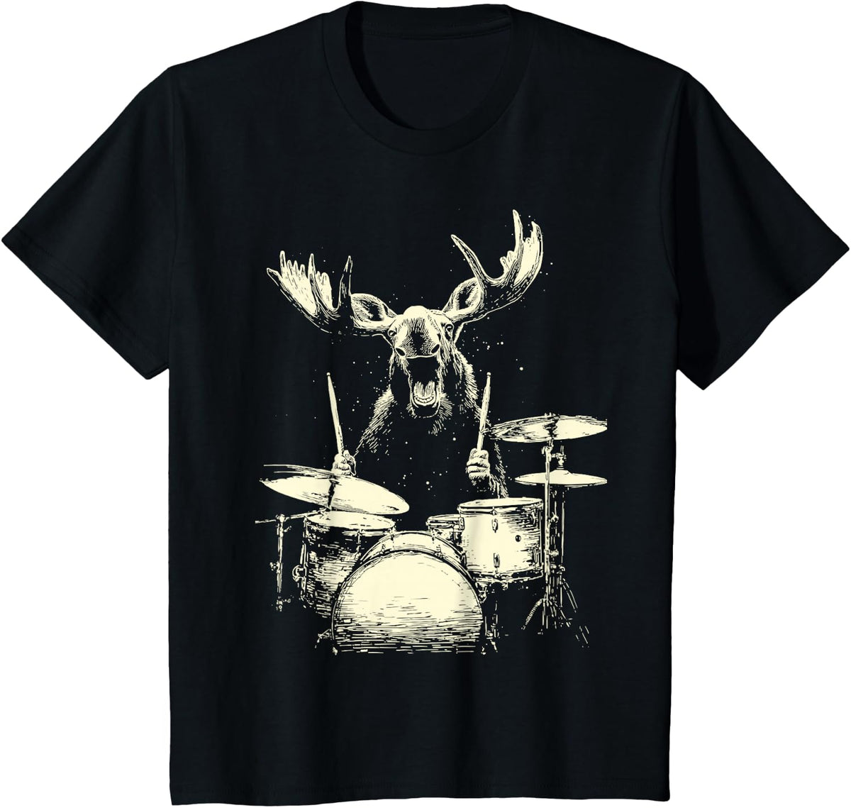 Cute Moose Playing Drums Funny Music Animal Drummer Graphic T-Shirt - Black